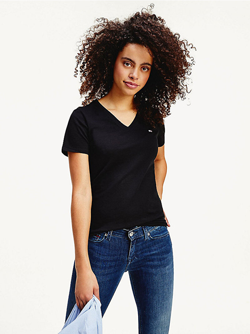 Kadın Organik Pamuklu Skinny Fit V Yaka T-Shirt Siyah DW0DW09197BDS