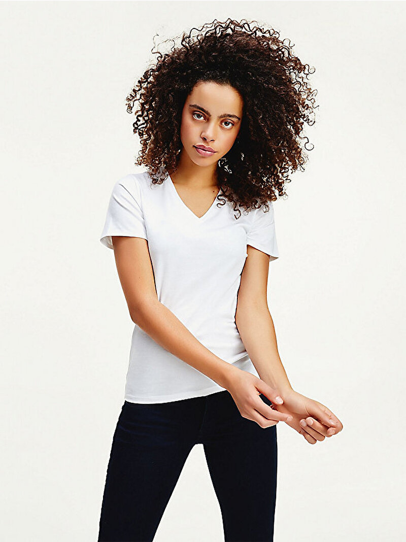 Kadın Organik Pamuklu Skinny Fit V Yaka T-Shirt Beyaz  DW0DW09197YBR
