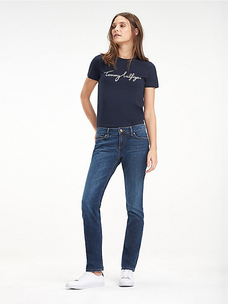 Kadın Heritage Bisiklet Yaka Logolu T-Shirt Lacivert WW0WW24967403