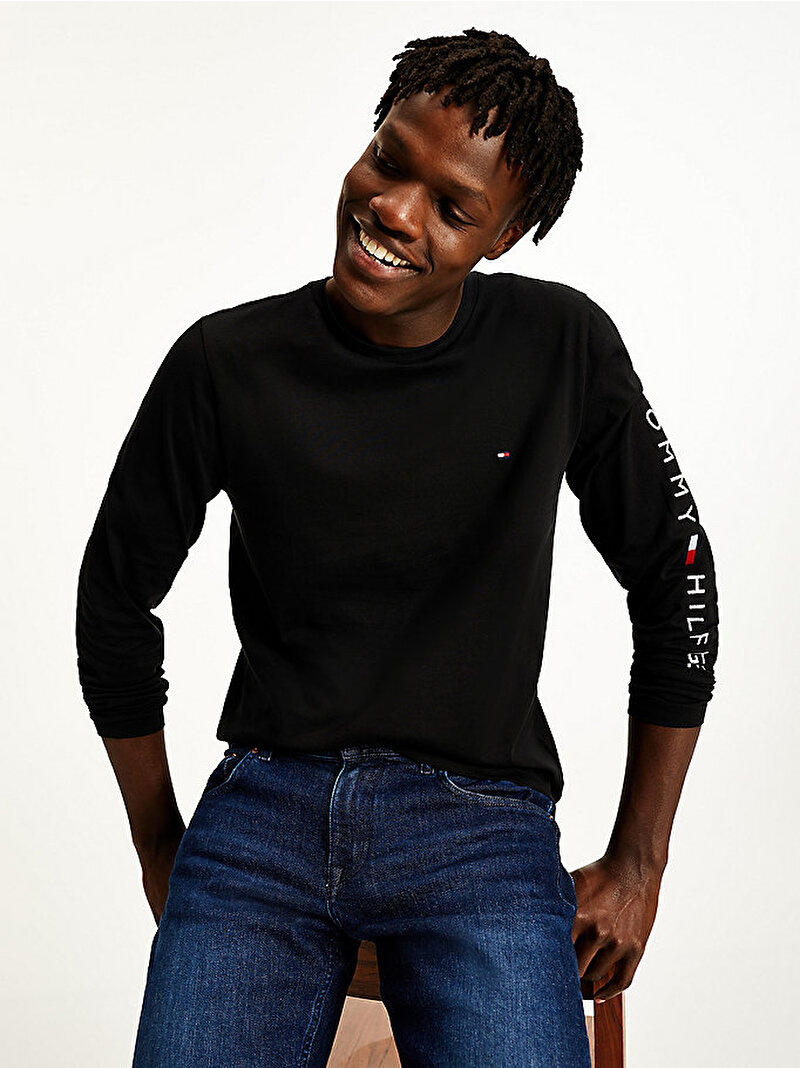 Erkek Organik Jarse Logolu Uzun Kollu Tisört Siyah MW0MW09096BDS