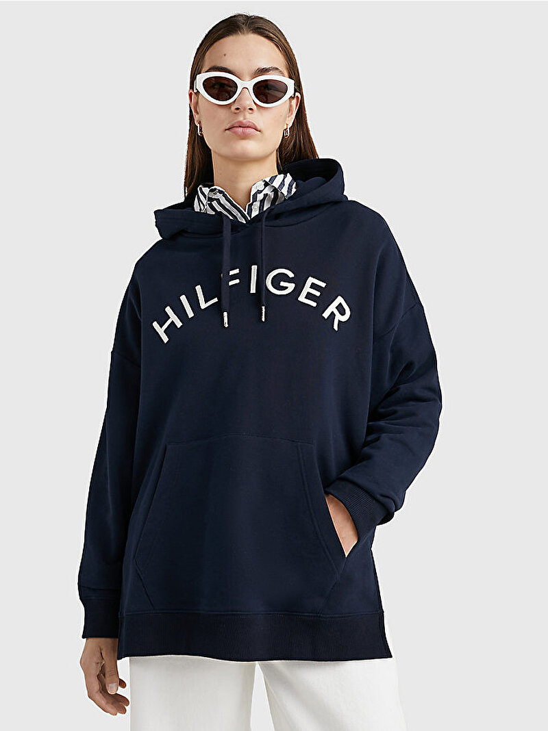 Kadın Relax Hilfiger Varsity Hoodie Sweatshirt Lacivert WW0WW37797DW5