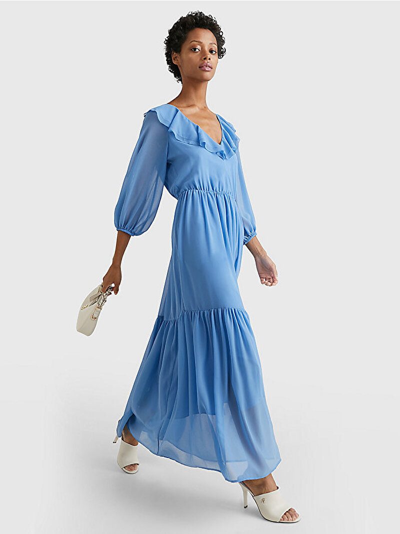 Kadın Frill V Yaka Elbise Mavi  WW0WW39351C35
