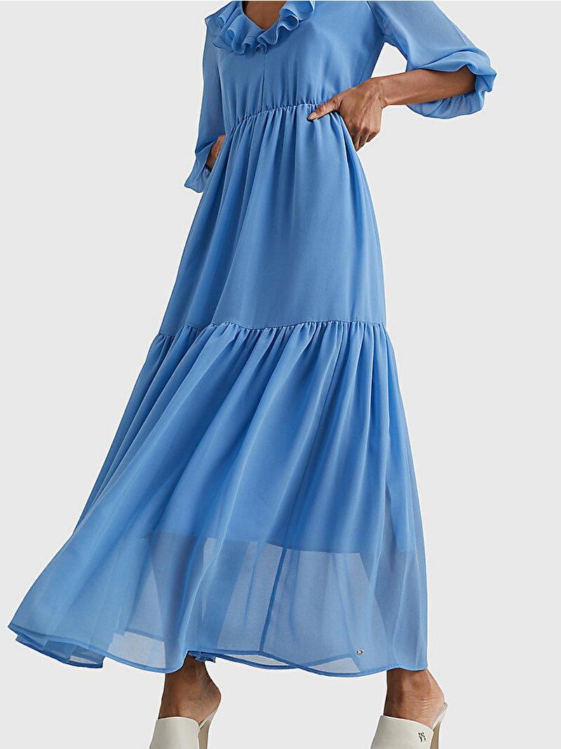 Kadın Frill V Yaka Elbise Mavi  WW0WW39351C35