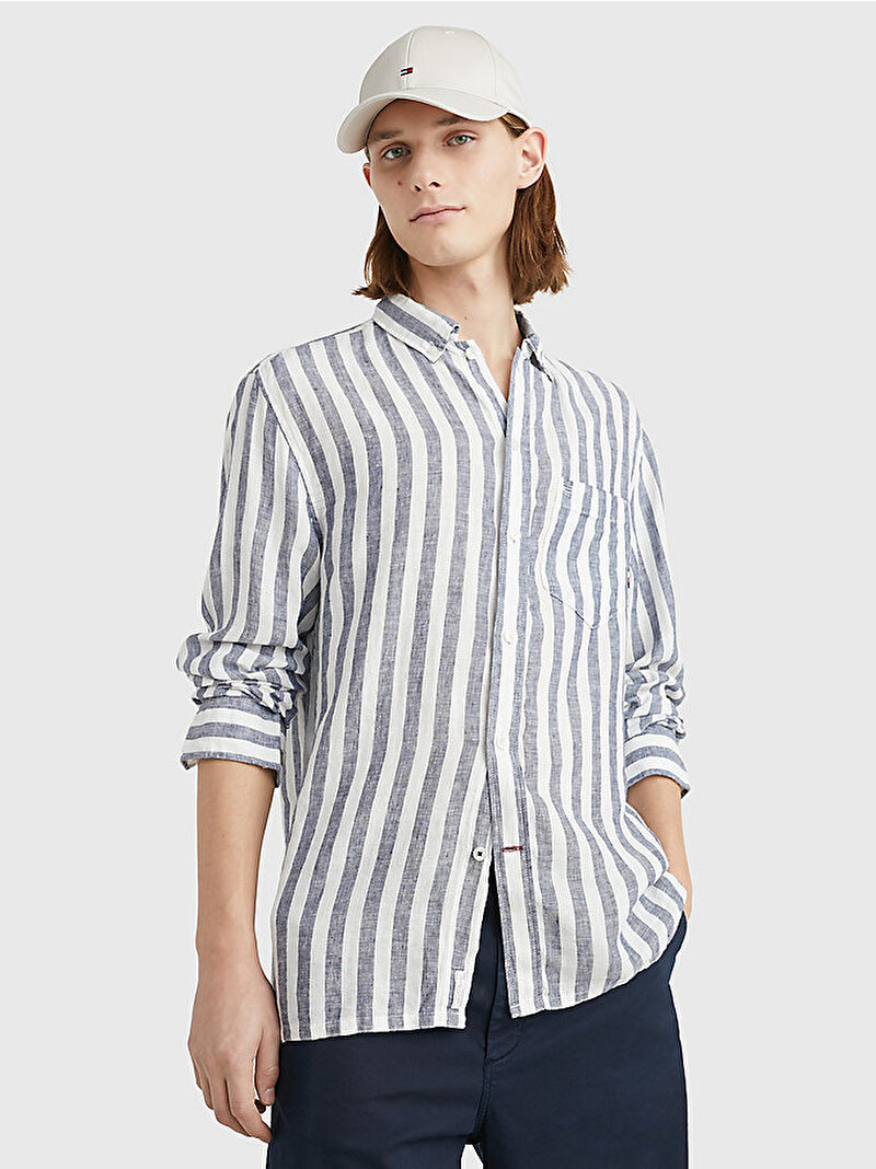 Erkek Breton Keten Çizgili Casual Gömlek Çok renkli MW0MW307050A4