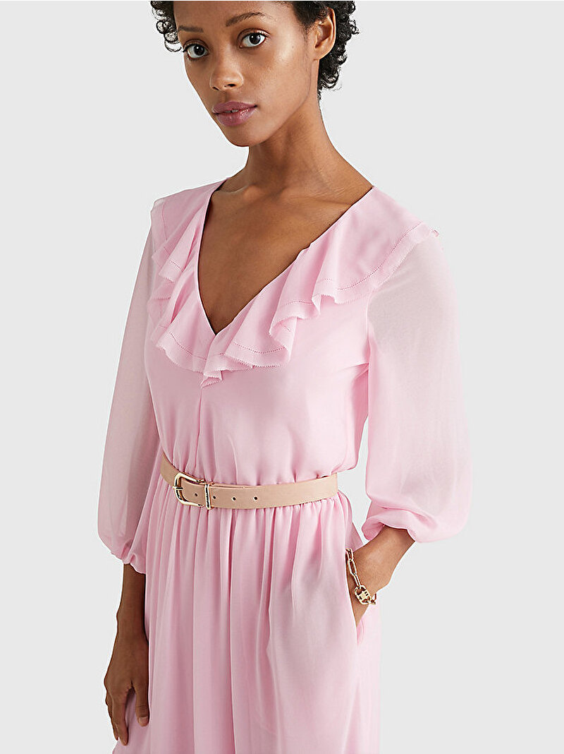 Kadın Frill V Yaka Maxi Elbise Pembe  WW0WW39351TOL