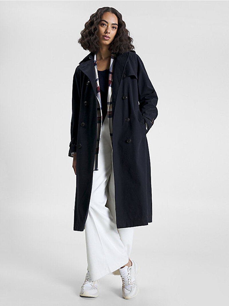 Kadın Peached Cotton Long Trençkot Lacivert WW0WW38947DW5