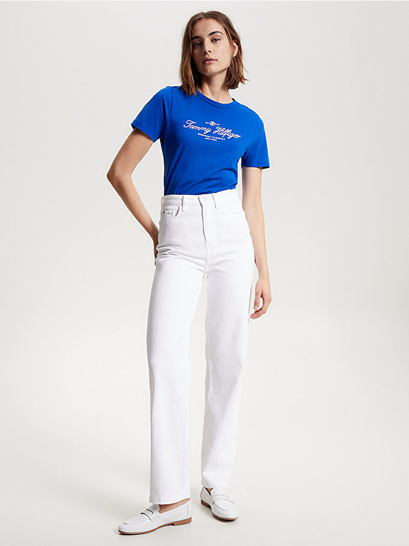 Kadın Slim Signature T-shirt Mavi  WW0WW40526C66