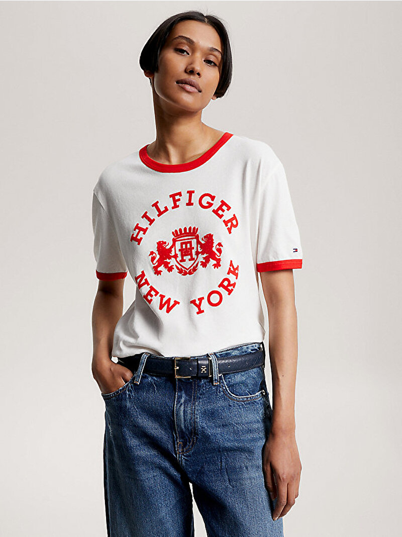 Kadın Reg Varsity Flock T-Shirt Beyaz  WW0WW39834YBH