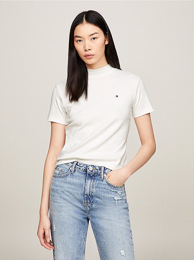 Kadın Slim Cody Crop Mock T-Shirt Ekru WW0WW40586YBL