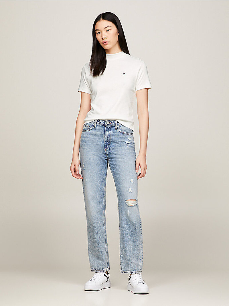 Kadın Slim Cody Crop Mock T-Shirt Ekru WW0WW40586YBL