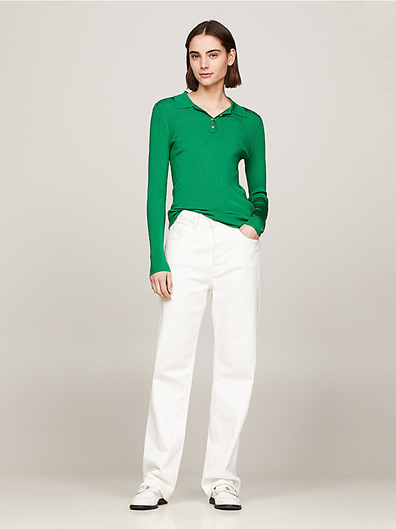 Kadın Rib Slim Uzun Kollu Polo T-Shirt Yeşil WW0WW41448L4B