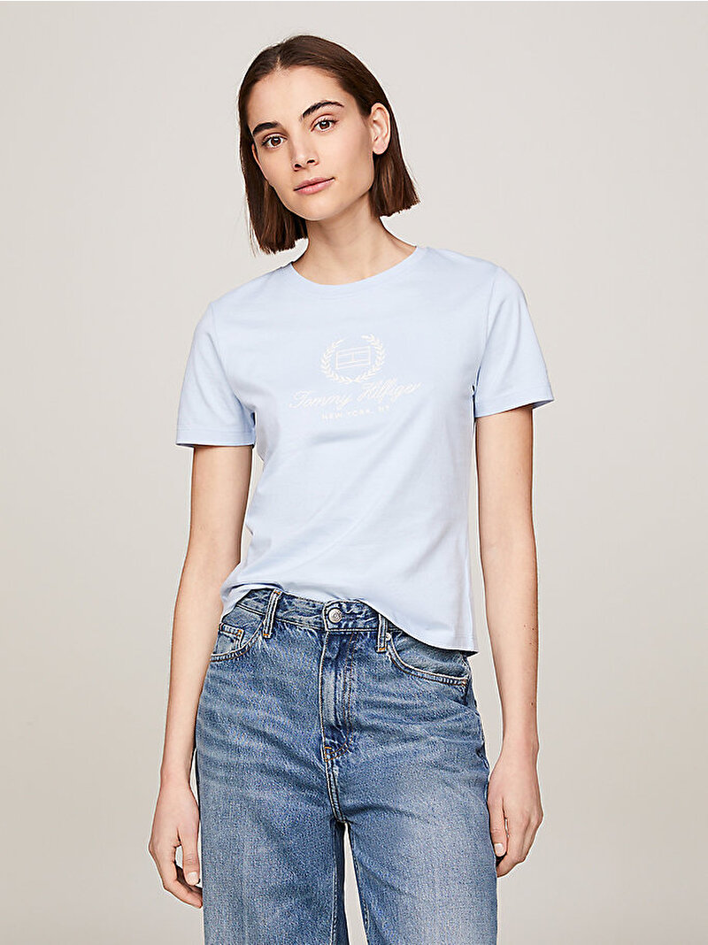Kadın Slim Flag Script T-Shirt Mavi  WW0WW41761C1O