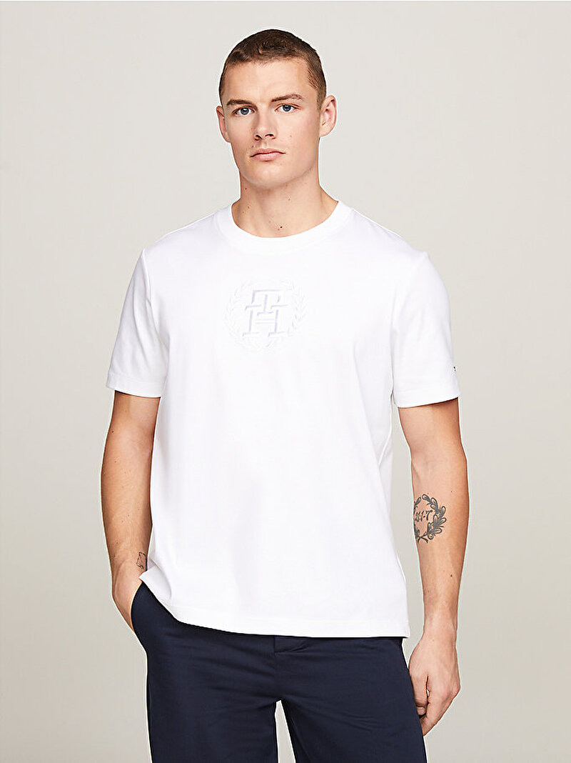 Erkek Tonal Laurel Embro T-Shirt Beyaz  MW0MW34394YBR