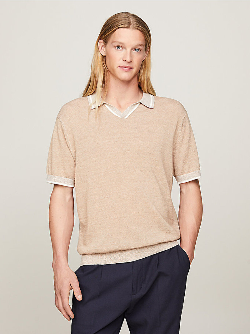 Erkek Linen Blend Revere Polo T-Shirt Bej  MW0MW346770F4