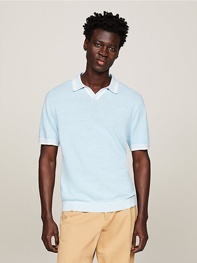 Erkek Linen Blend Revere Polo T-Shirt Mavi  MW0MW346770GY
