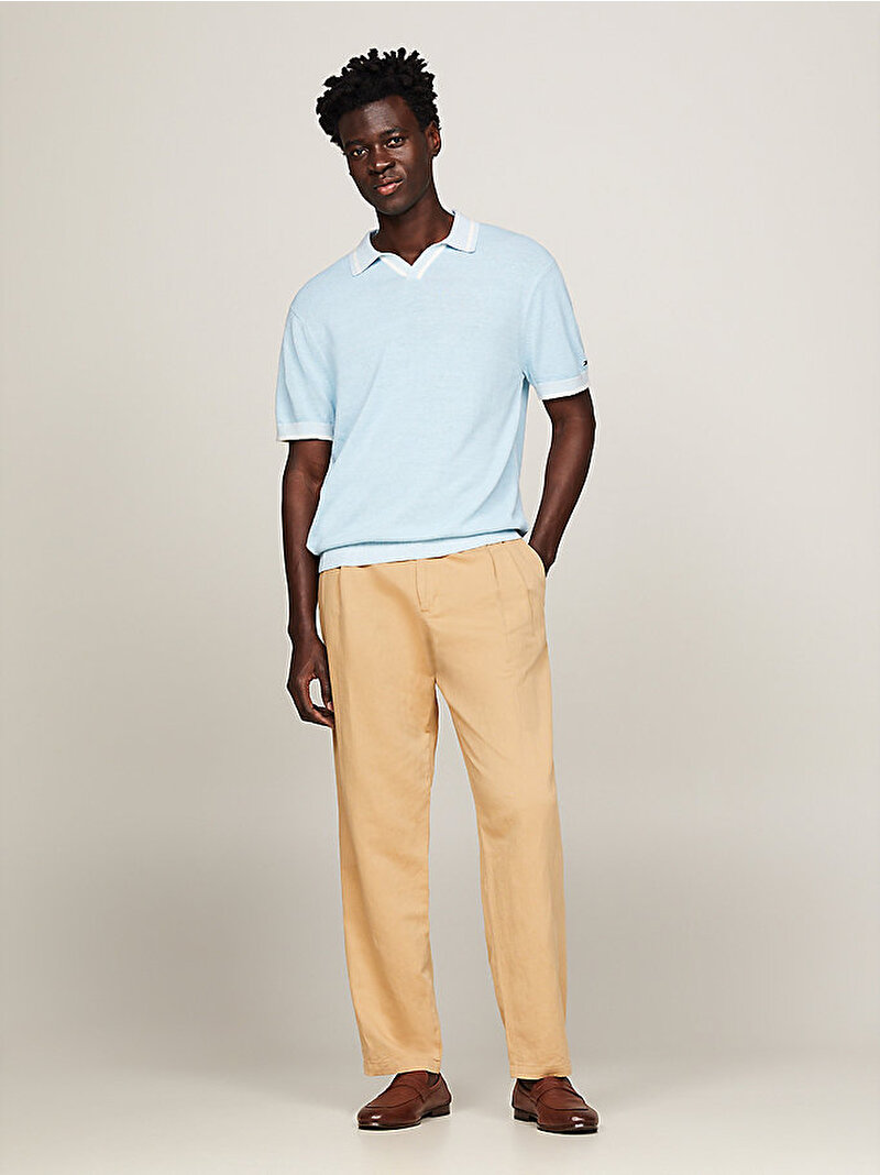 Erkek Linen Blend Revere Polo T-Shirt Mavi  MW0MW346770GY