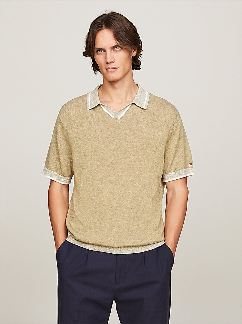 Erkek Linen Blend Revere Polo T-Shirt Yeşil MW0MW34677L9F