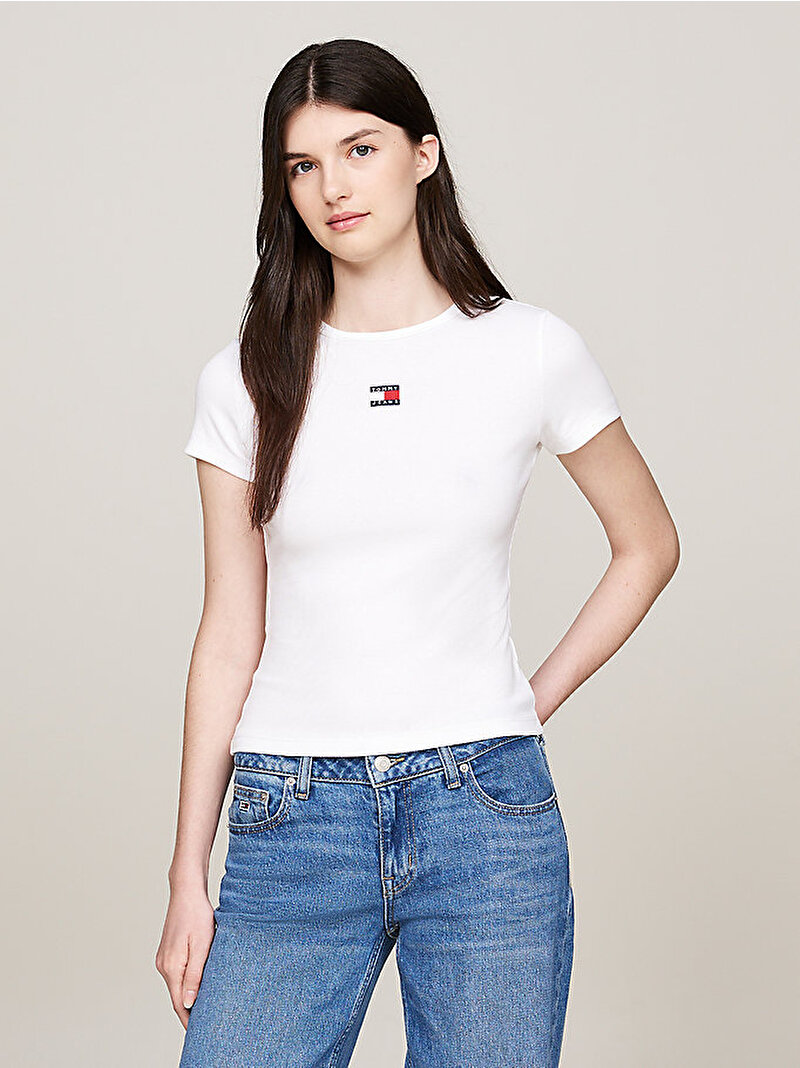 Kadın Tjw Slim Badge Rib T-Shirt Beyaz  DW0DW17881YBR
