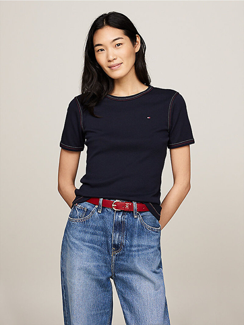 Kadın Slim Global T-Shirt Lacivert WW0WW42436DW5