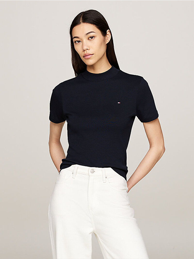 Kadın Slim Cody Crop Mock T-Shirt Lacivert WW0WW40586DW5