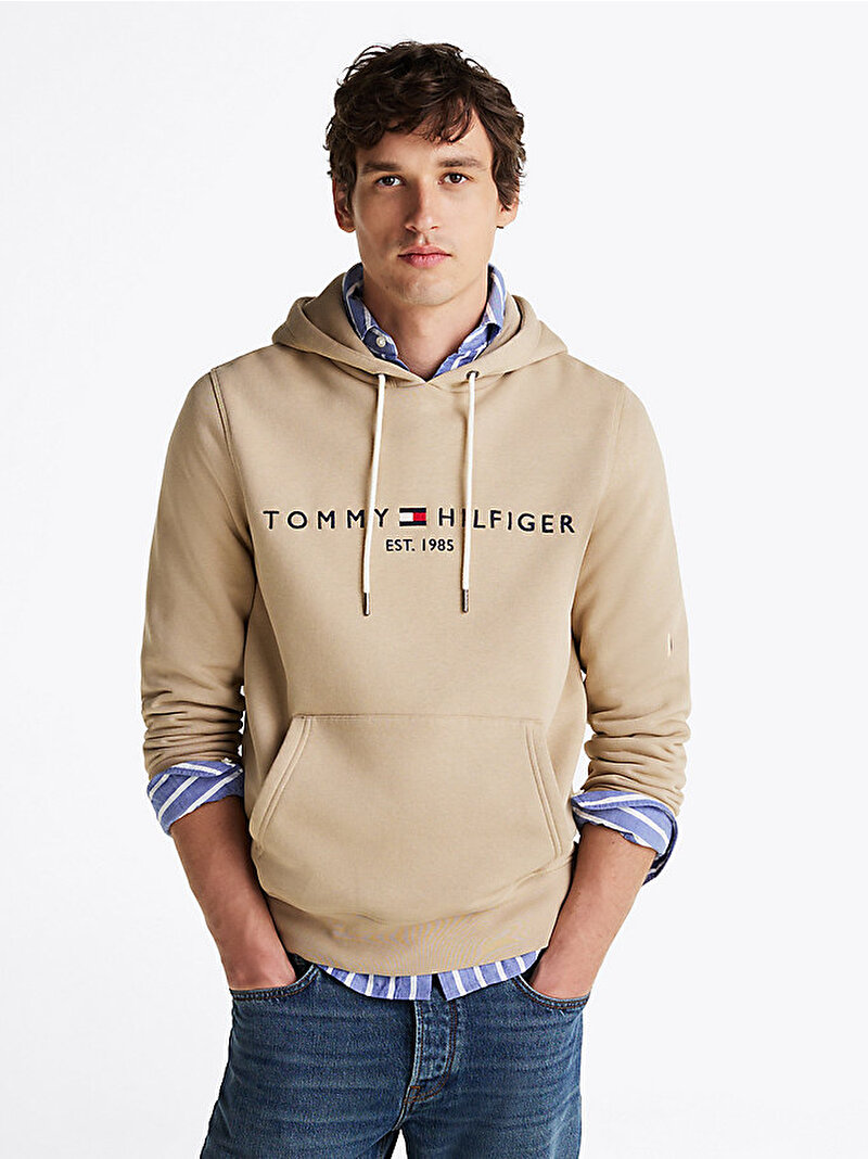 Erkek Tommy Logo Hoodıe Bej  MW0MW11599RBT