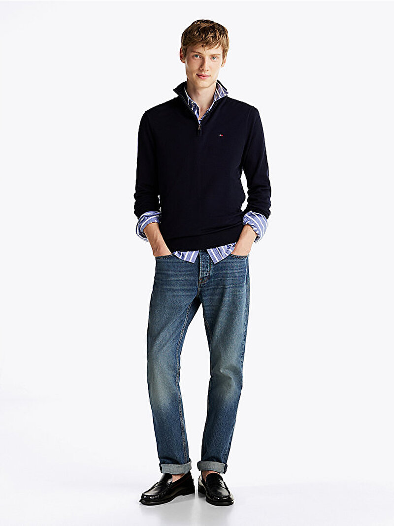 Erkek Essential Cotton Fermuarlı Kazak Lacivert MW0MW37331DW5