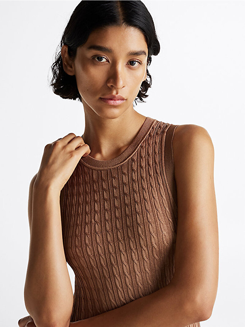 Kadın Rayon Cable Long Elbise Kahverengi WW0WW43999RBC