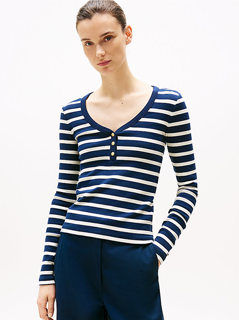 Kadın Slim Henley Scoop T-Shirt Lacivert WW0WW439050A4