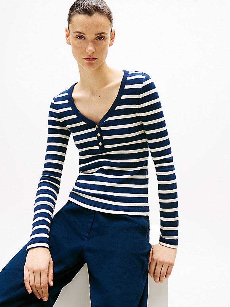 Kadın Slim Henley Scoop T-Shirt Lacivert WW0WW439050A4