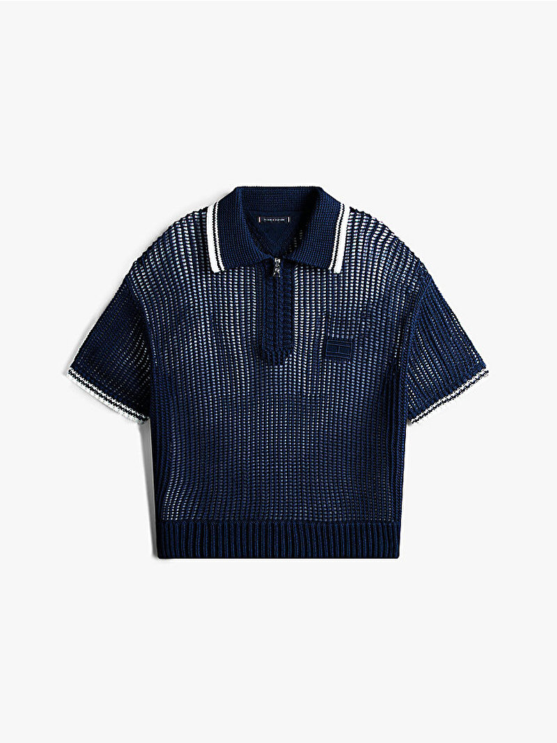 Erkek Open Mesh Zip Polo Yaka Kazak Lacivert MW0MW41737DCC
