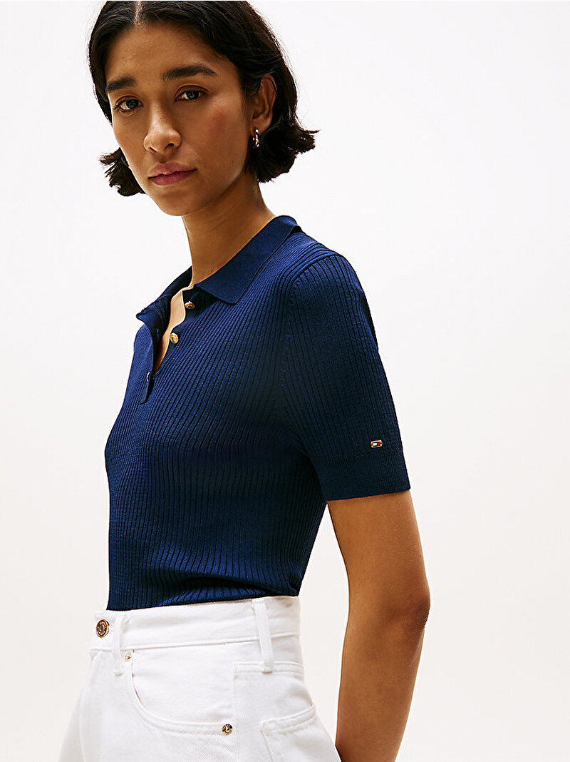 Kadın Rib Button Slim Polo Yaka Kazak Lacivert WW0WW45511C1G