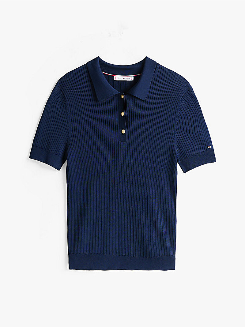 Kadın Rib Button Slim Polo Yaka Kazak Lacivert WW0WW45511C1G