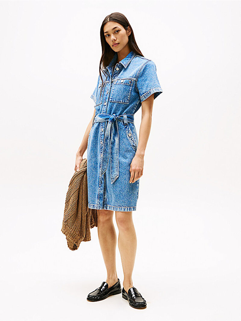 Kadın Denim Kemerli Elbise Mavi  WW0WW443801A8