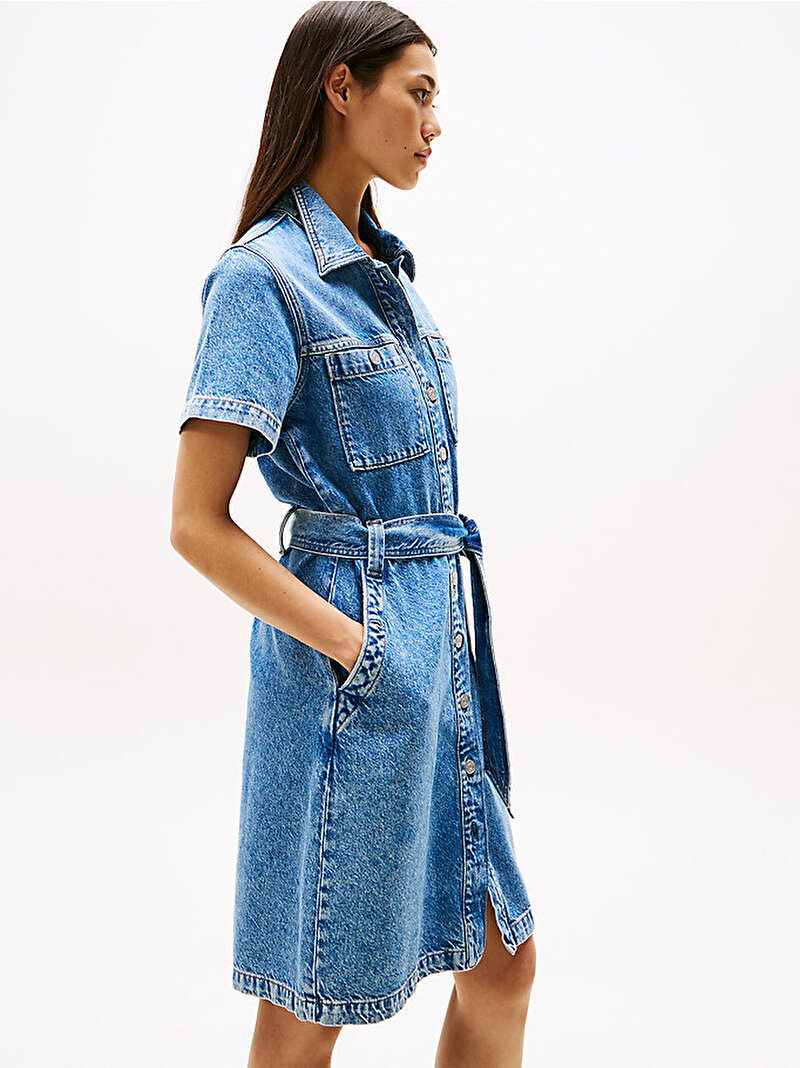 Kadın Denim Kemerli Elbise Mavi  WW0WW443801A8