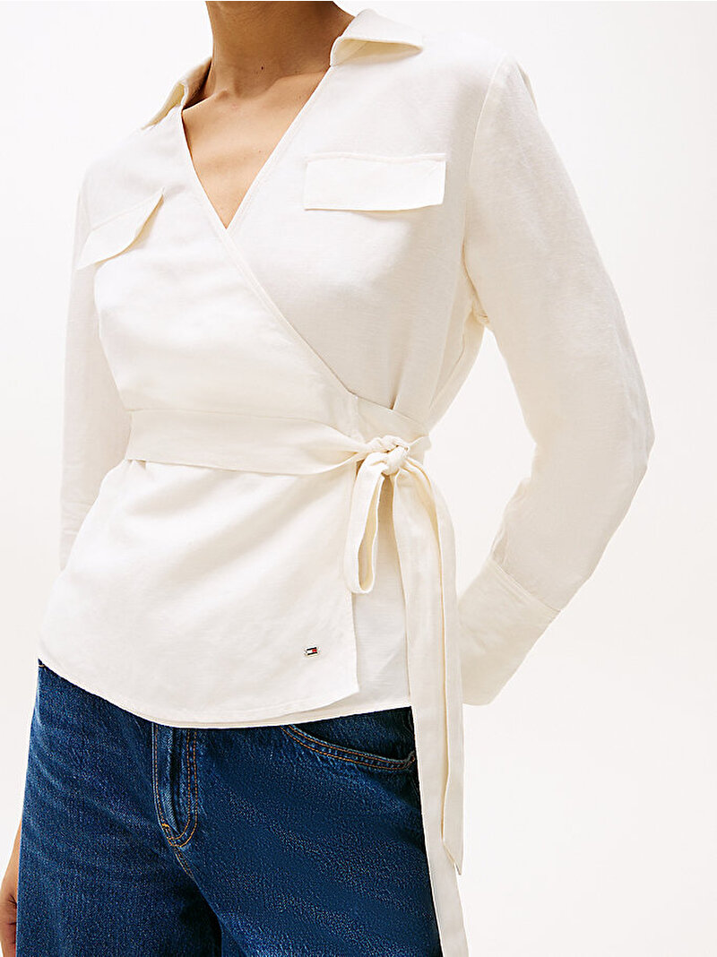 Kadın Textured Linen Wrap Gömlek Ekru WW0WW44697Z00