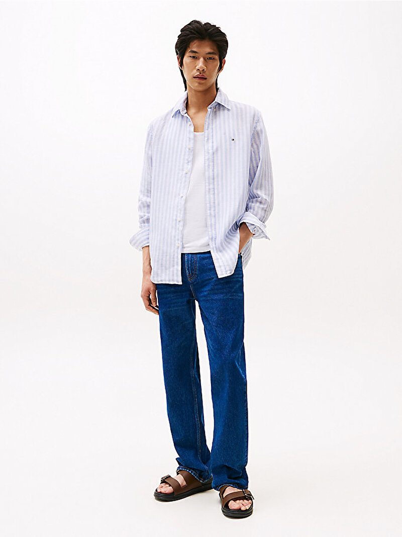 Erkek Linen Essential Stripe Gömlek Mavi  MW0MW385810A4