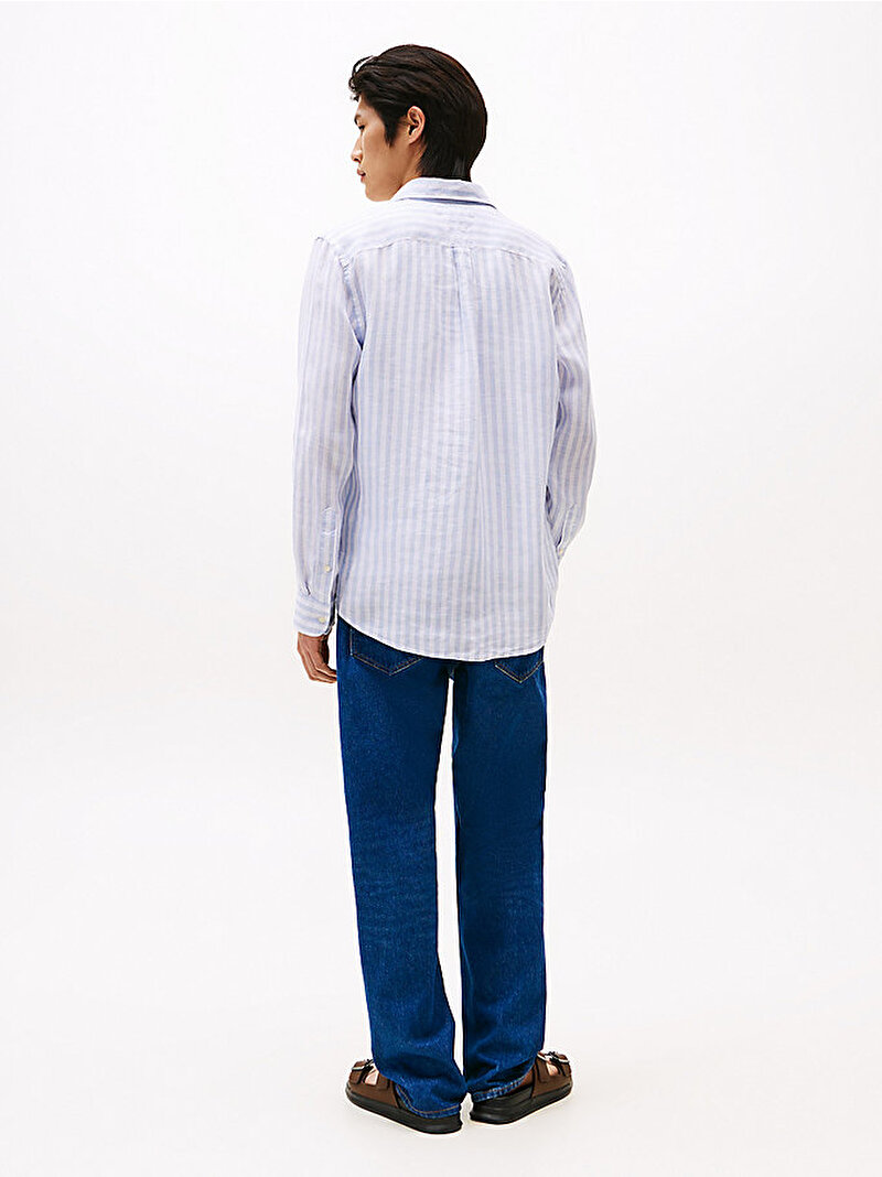 Erkek Linen Essential Stripe Gömlek Mavi  MW0MW385810A4