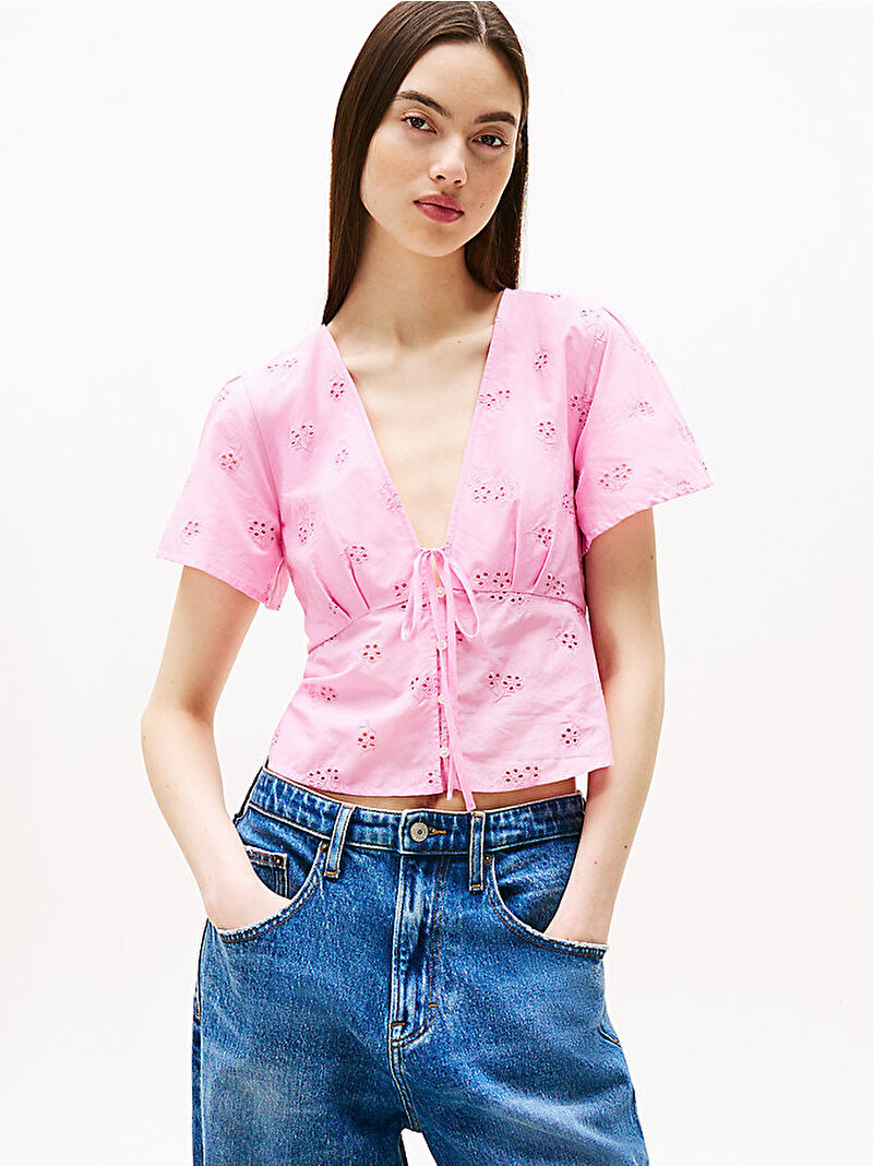 Kadın TJW Tie Front Boder Gömlek Pembe  DW0DW21241U06