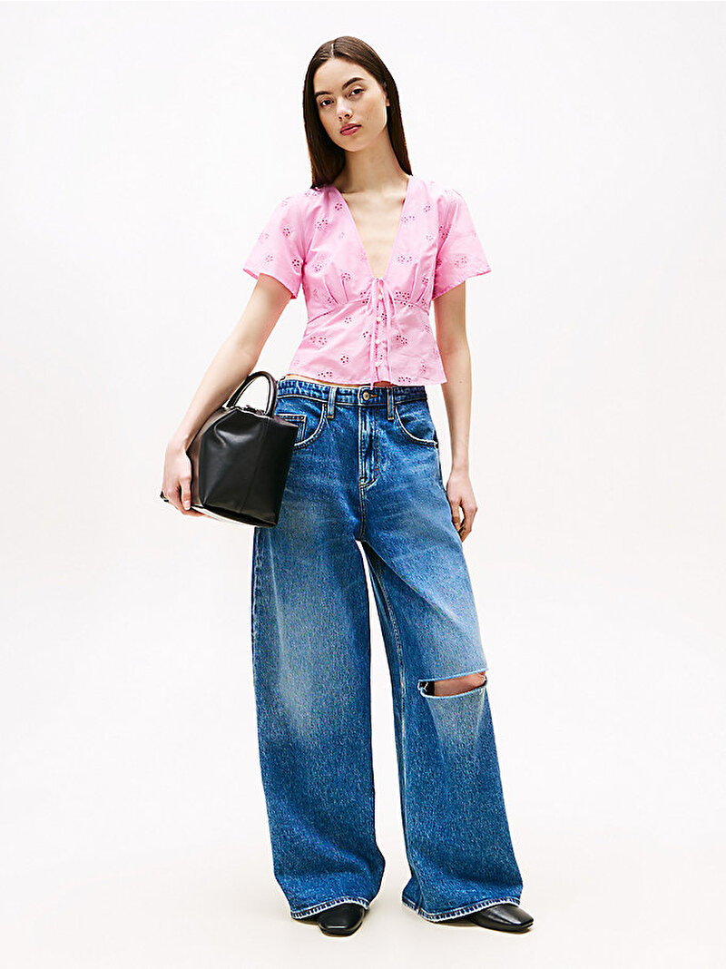 Kadın TJW Tie Front Boder Gömlek Pembe  DW0DW21241U06