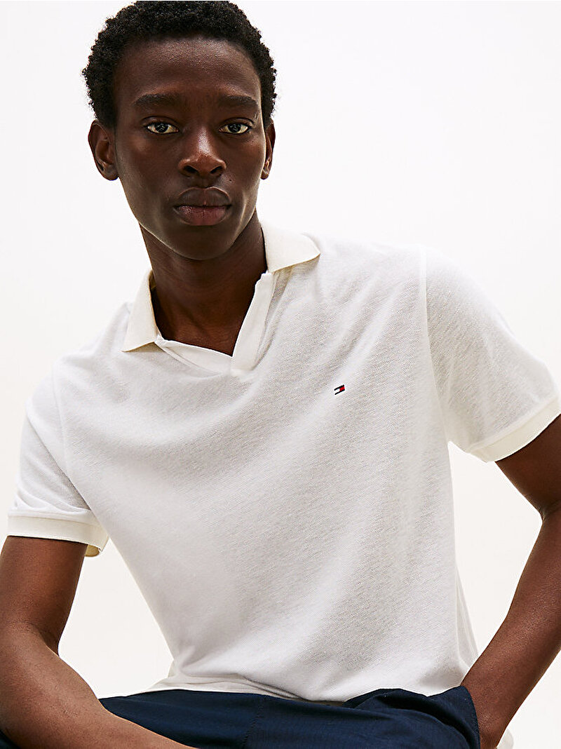 Erkek Linen Modal Johnny Polo T-shirt Beyaz  MW0MW395540K4