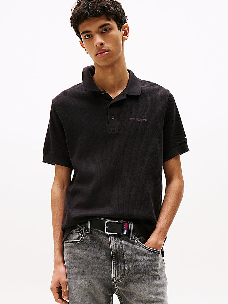 Erkek TJM Regular Waffle Polo T-shirt Siyah DM0DM21935BDS