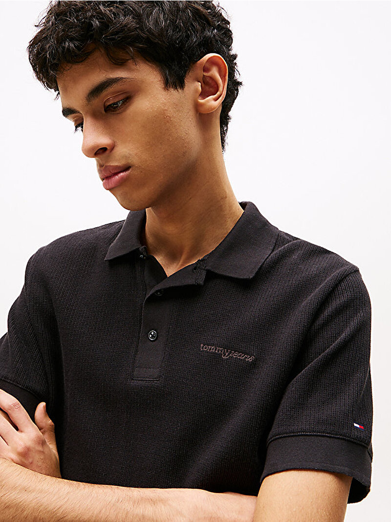 Erkek TJM Regular Waffle Polo T-shirt Siyah DM0DM21935BDS