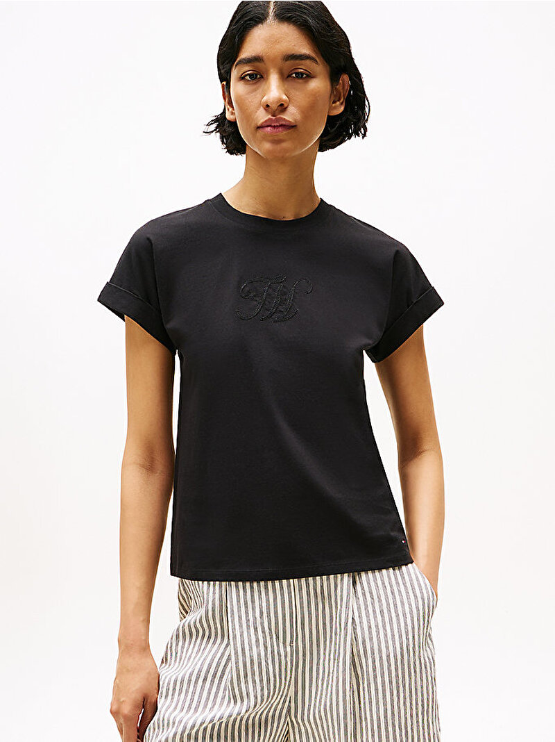 Kadın Floral Script Modern T-shirt Siyah WW0WW47157BDS