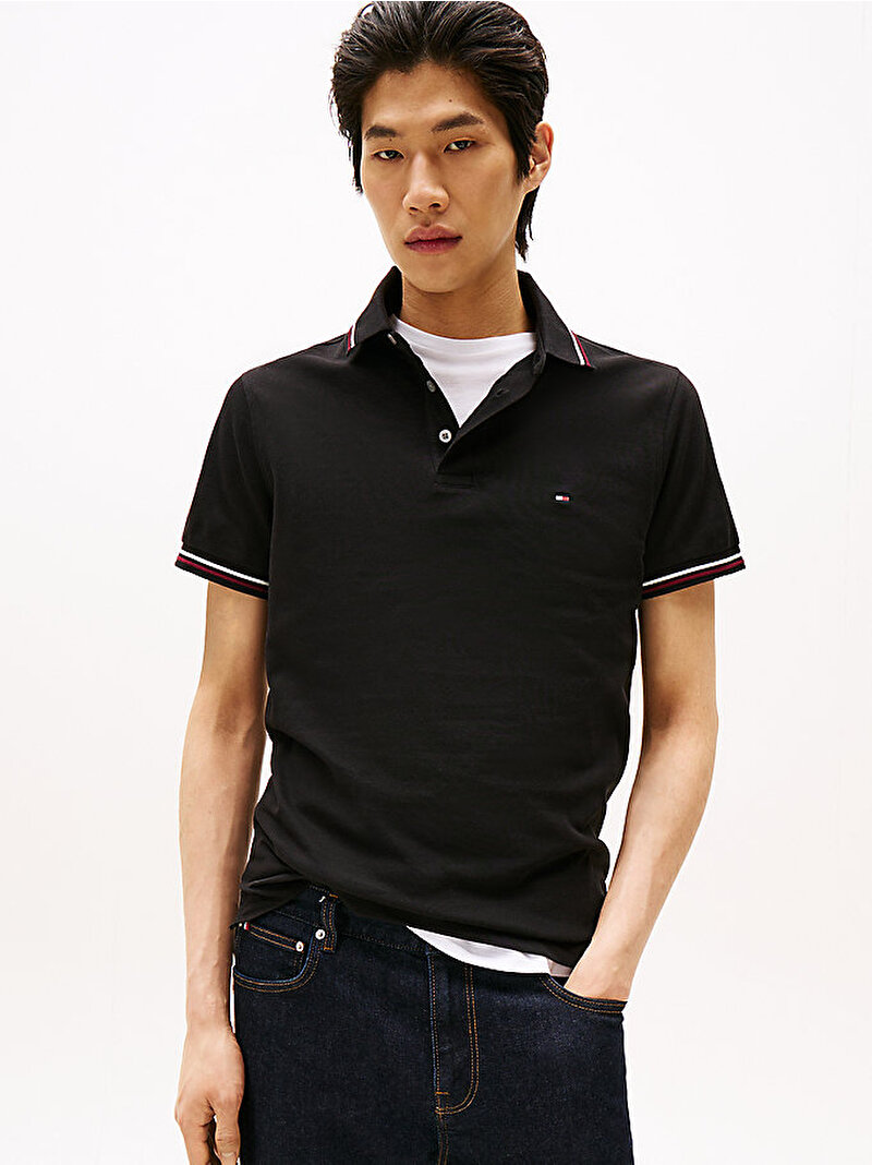Erkek Tipped Slim Fit Polo T-shirt Siyah MW0MW37346BDS