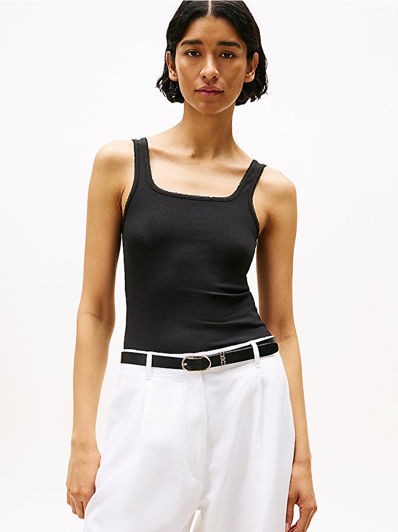 Kadın 5X2 Rib Slim Square T-shirt Siyah WW0WW45444BDS