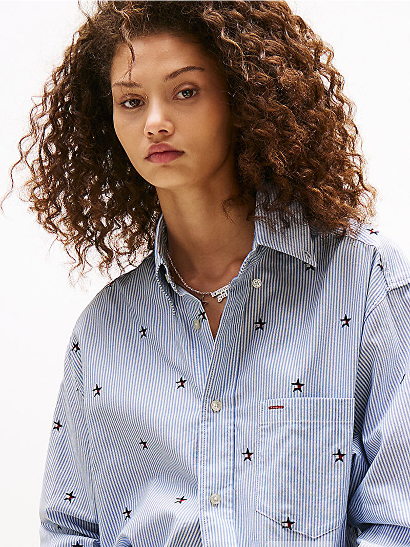 Kadın Tommy Girl Embroidered Gömlek Mavi  DN0DN00074099
