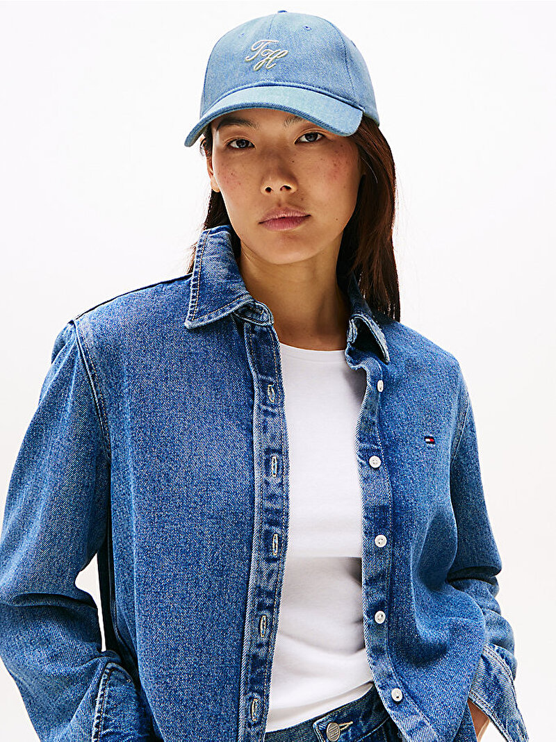Kadın TH Embroidered Denim Şapka Mavi  AW0AW174860GY