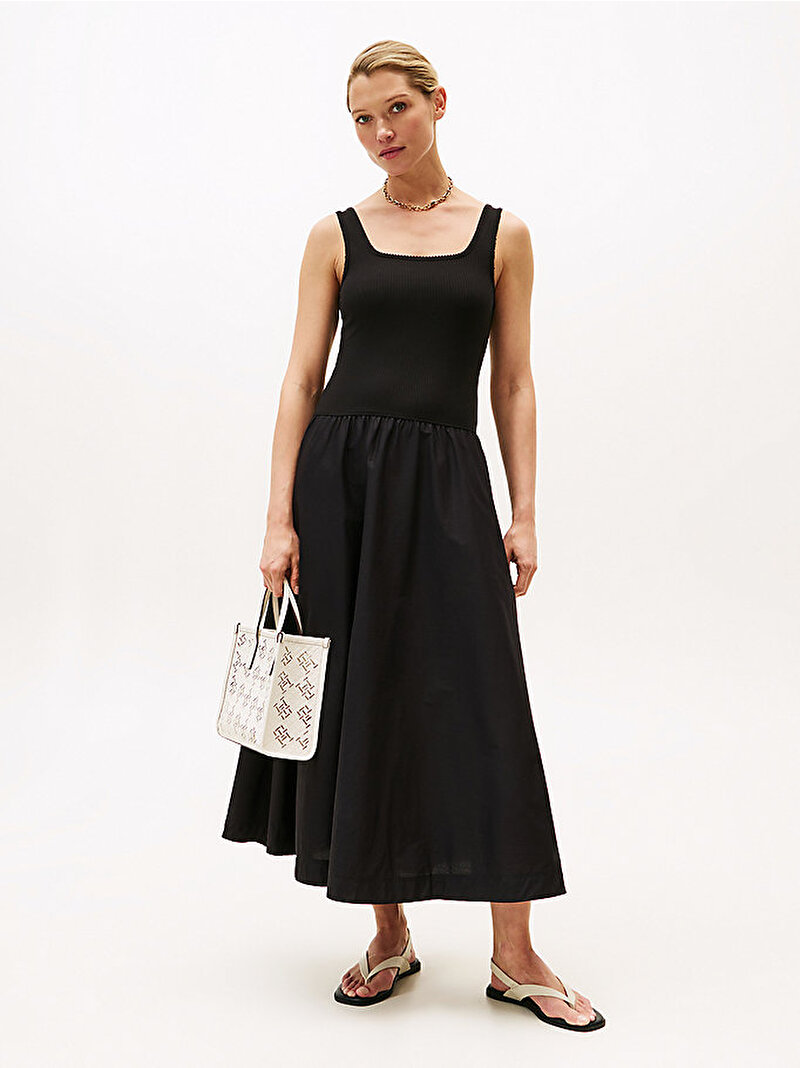 Kadın 5X2 Rib Midi Mix Fit&Flare Elbise Siyah WW0WW44612BDS