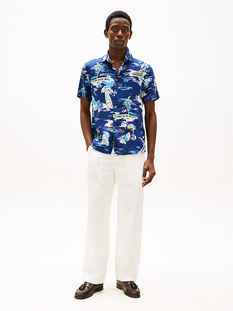 Erkek Linen Vacation Print Gömlek Mavi  MW0MW394400GY