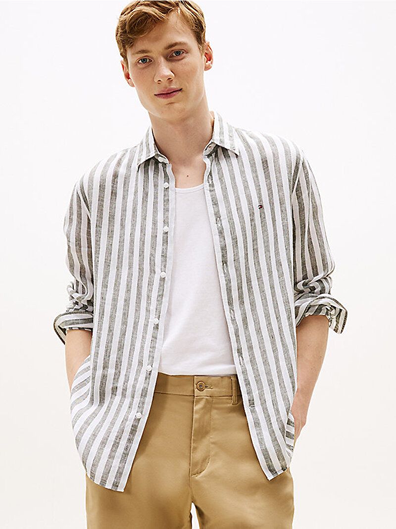 Erkek Linen Bengal Stripe Gömlek Yeşil MW0MW394560CE